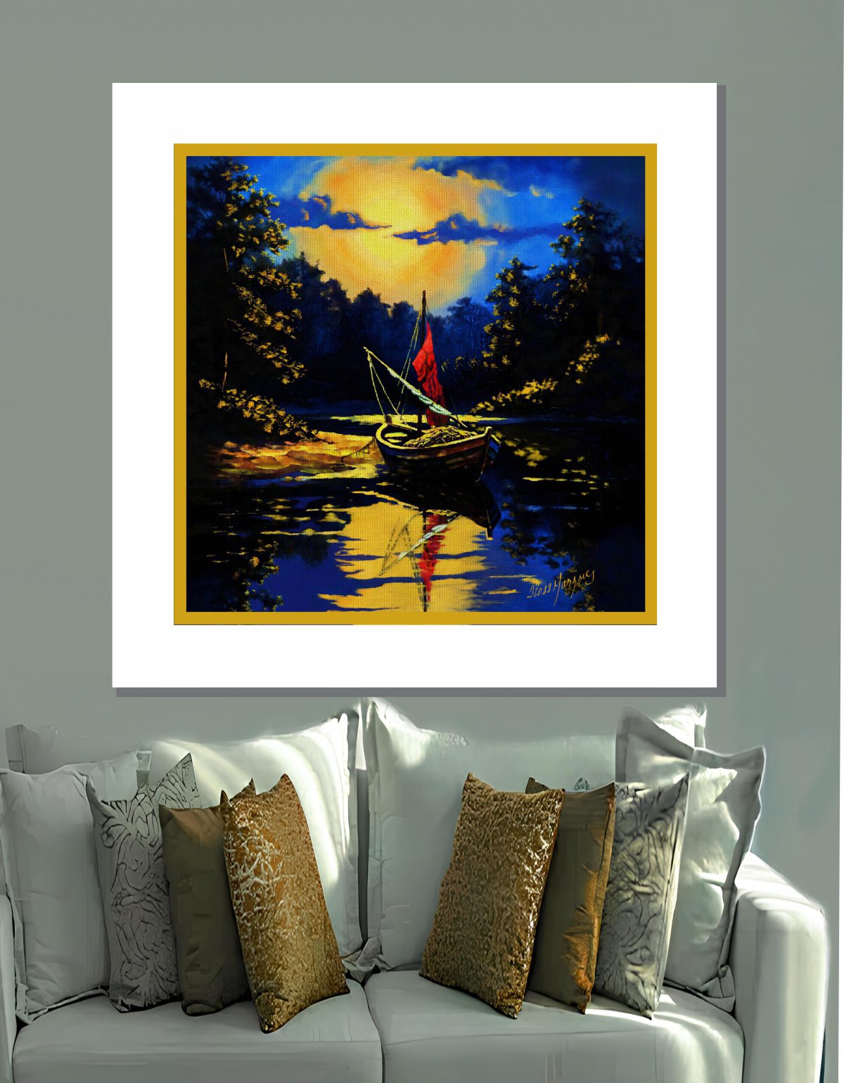 Barco ao crepúscolo quadro em MDF 40x40cm